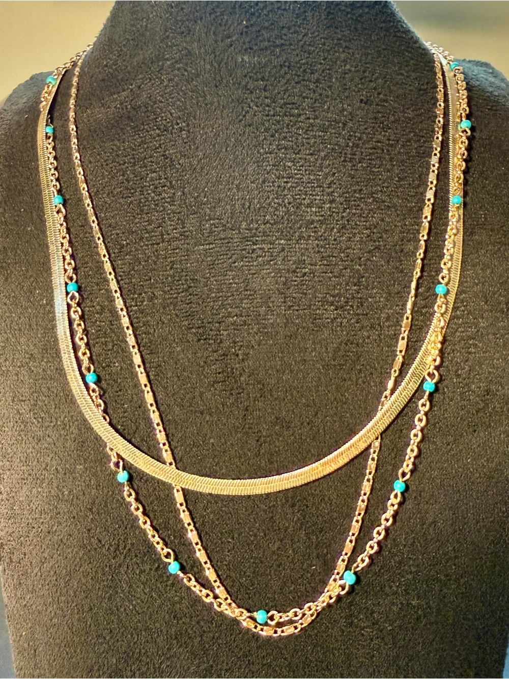 Gold Tone Multichain Layered Necklace With Turquoise Beaded Accents